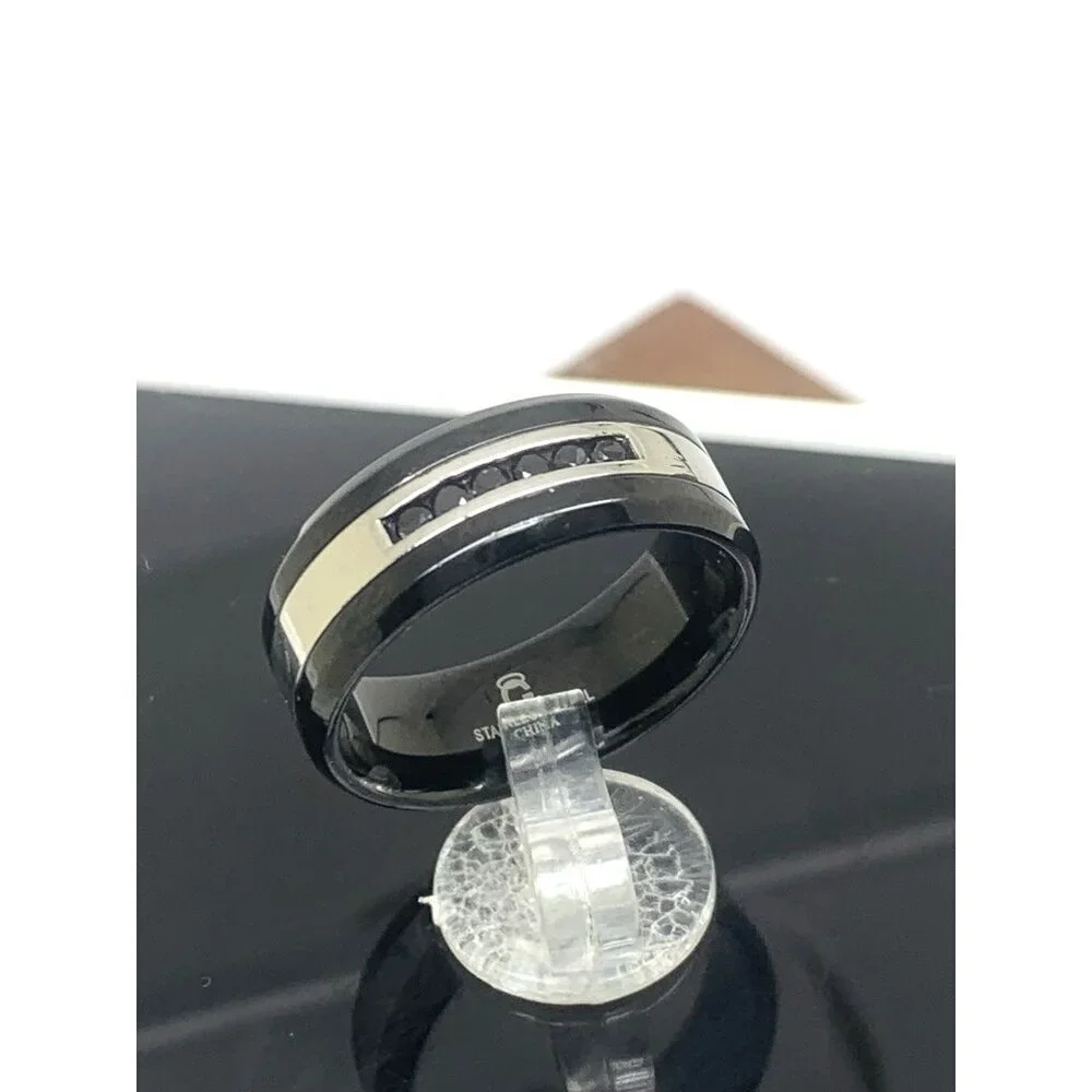 Men's Wedding Band Stainless Steel Black Gemstones 8.8mm Wide Ring Size 11.5